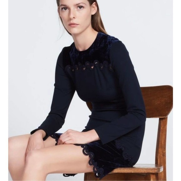 SANDRO $495 Edma Navy Velvet Cutout Trim Mini Long Sleeve Dress Size 3 Large - Picture 5 of 10
